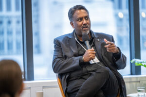 An image of Paul Cherukuri, Ph.D., Chief Innovation Officer and Vice President for Innovation at Rice University, while speaking on the panel.