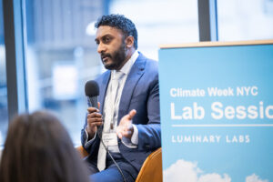 An image of Dr. Chethan Sarabu, Director of Clinical Innovation at Cornell Tech’s Health Tech Hub and co-founder of the Climate Health Innovation & Learning Lab, while speaking on the panel.